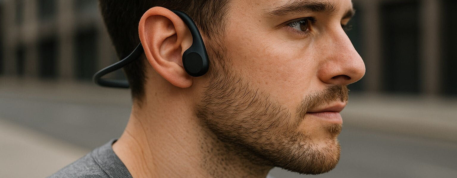 Open-Ear Kopfhörer auf den Ohren mit freiem Gehörgang in realistischer Nahaufnahme