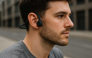 Open-Ear Kopfhörer auf den Ohren mit freiem Gehörgang in realistischer Nahaufnahme