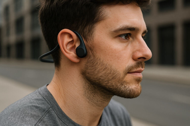 Open-Ear Kopfhörer auf den Ohren mit freiem Gehörgang in realistischer Nahaufnahme