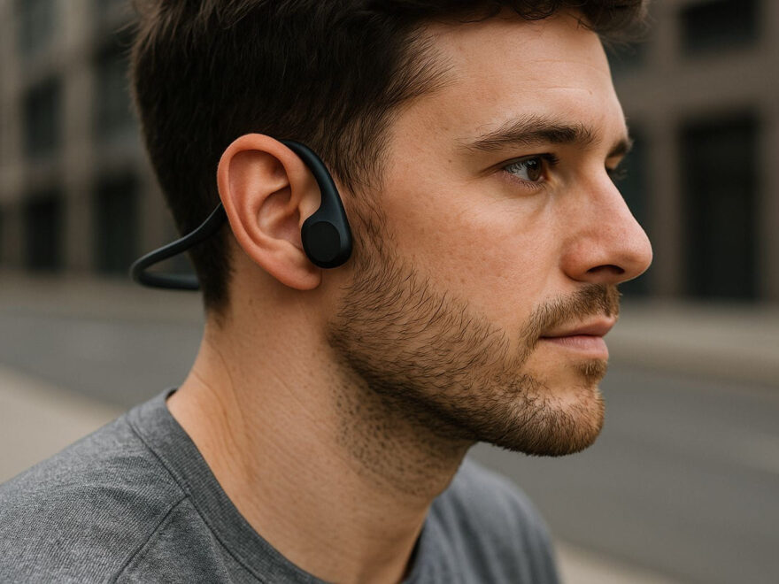 Open-Ear Kopfhörer auf den Ohren mit freiem Gehörgang in realistischer Nahaufnahme