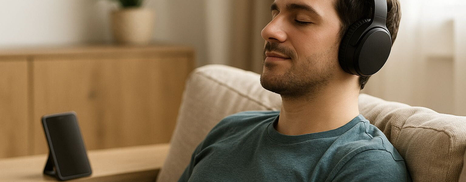 Over-Ear Kopfhörer mit Bluetooth beim Musikhören auf dem Sofa