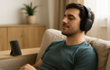 Over-Ear Kopfhörer mit Bluetooth beim Musikhören auf dem Sofa