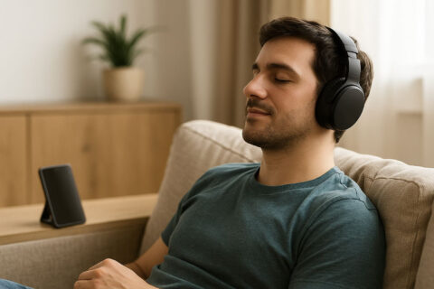 Over-Ear Kopfhörer mit Bluetooth beim Musikhören auf dem Sofa