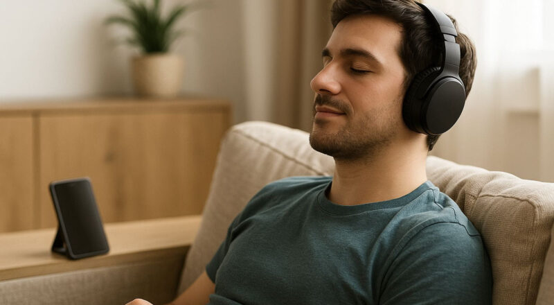 Over-Ear Kopfhörer mit Bluetooth beim Musikhören auf dem Sofa