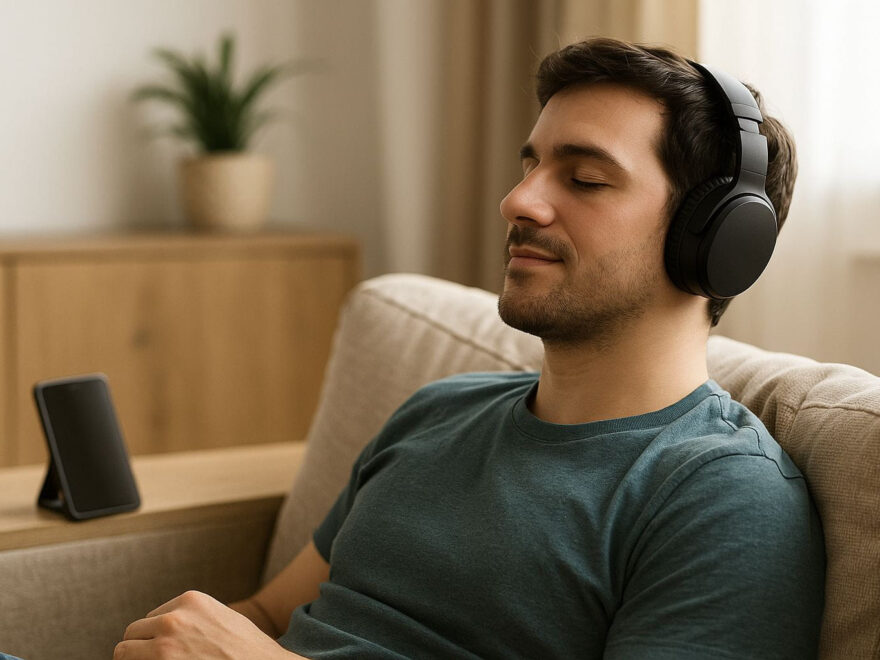 Over-Ear Kopfhörer mit Bluetooth beim Musikhören auf dem Sofa