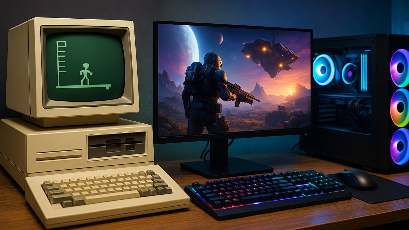 Entwicklung des PC-Gamings von frühen Heimcomputern bis zum modernen RGB-Gaming-PC in einer 3:2-Darstellung.