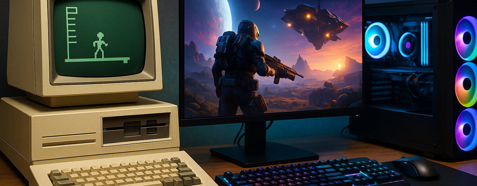 Entwicklung des PC-Gamings von frühen Heimcomputern bis zum modernen RGB-Gaming-PC in einer 3:2-Darstellung.