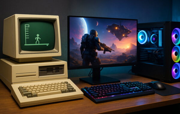 Entwicklung des PC-Gamings von frühen Heimcomputern bis zum modernen RGB-Gaming-PC in einer 3:2-Darstellung.