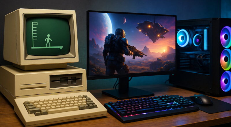 Entwicklung des PC-Gamings von frühen Heimcomputern bis zum modernen RGB-Gaming-PC in einer 3:2-Darstellung.
