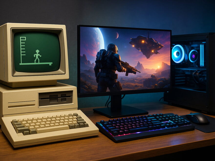 Entwicklung des PC-Gamings von frühen Heimcomputern bis zum modernen RGB-Gaming-PC in einer 3:2-Darstellung.