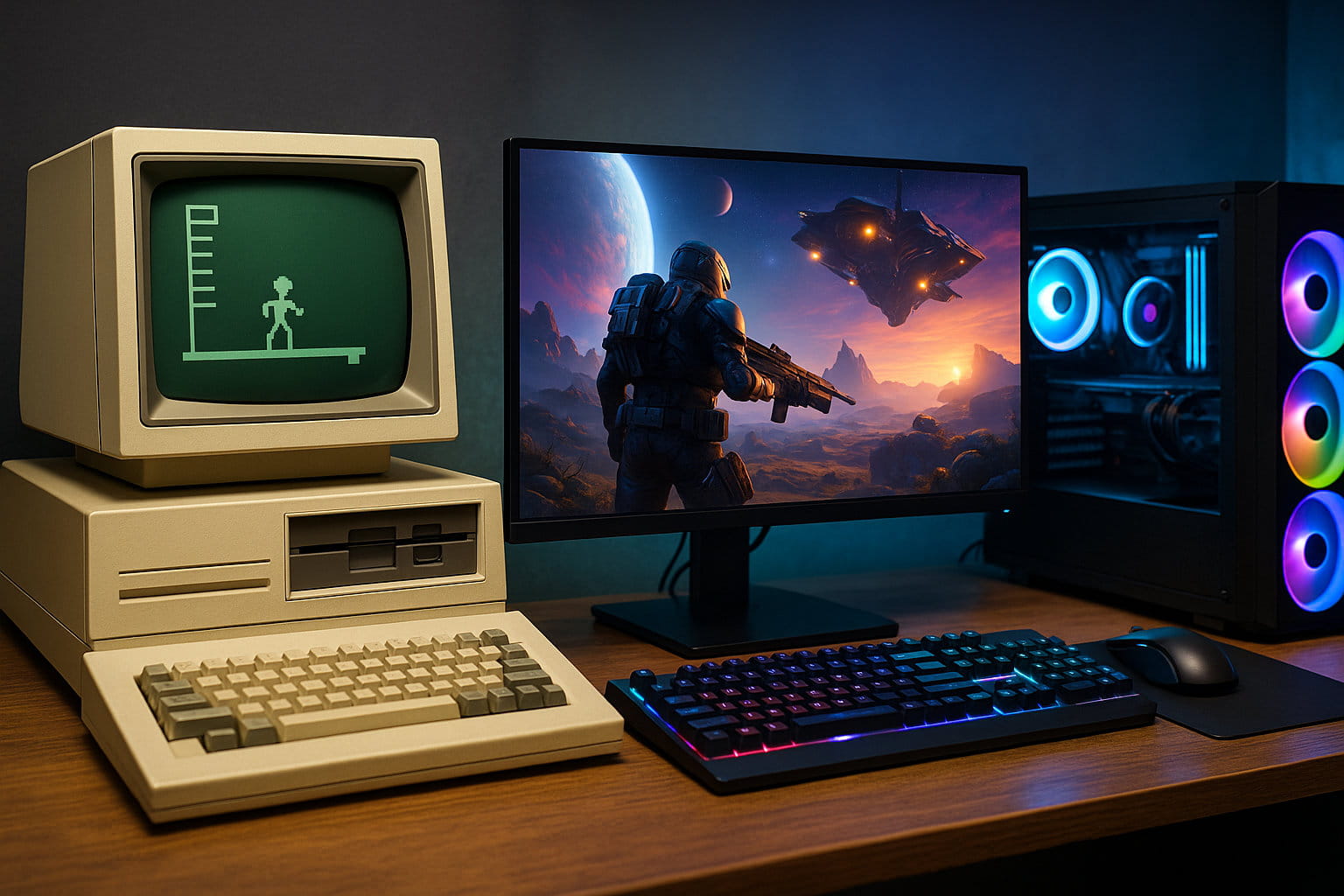 Entwicklung des PC-Gamings von frühen Heimcomputern bis zum modernen RGB-Gaming-PC in einer 3:2-Darstellung.