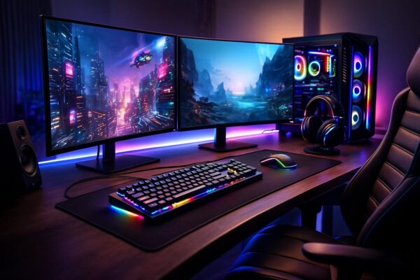 Modernes Gaming-Setup mit RGB-Tastatur, Gaming-Maus, Monitor, Headset und Lautsprechern