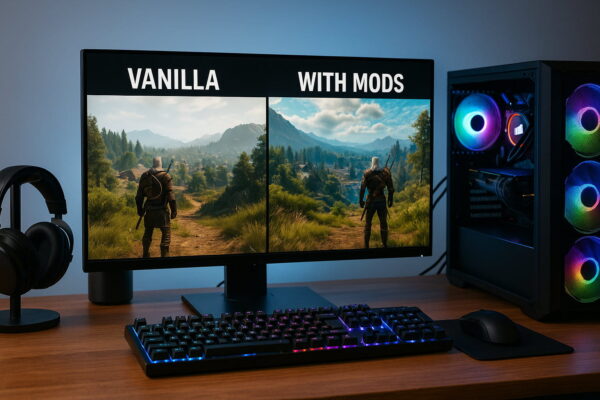 Vergleich von Vanilla- und Mod-Version eines PC-Spiels auf einem Gaming-Monitor mit RGB-Setup im Hintergrund.