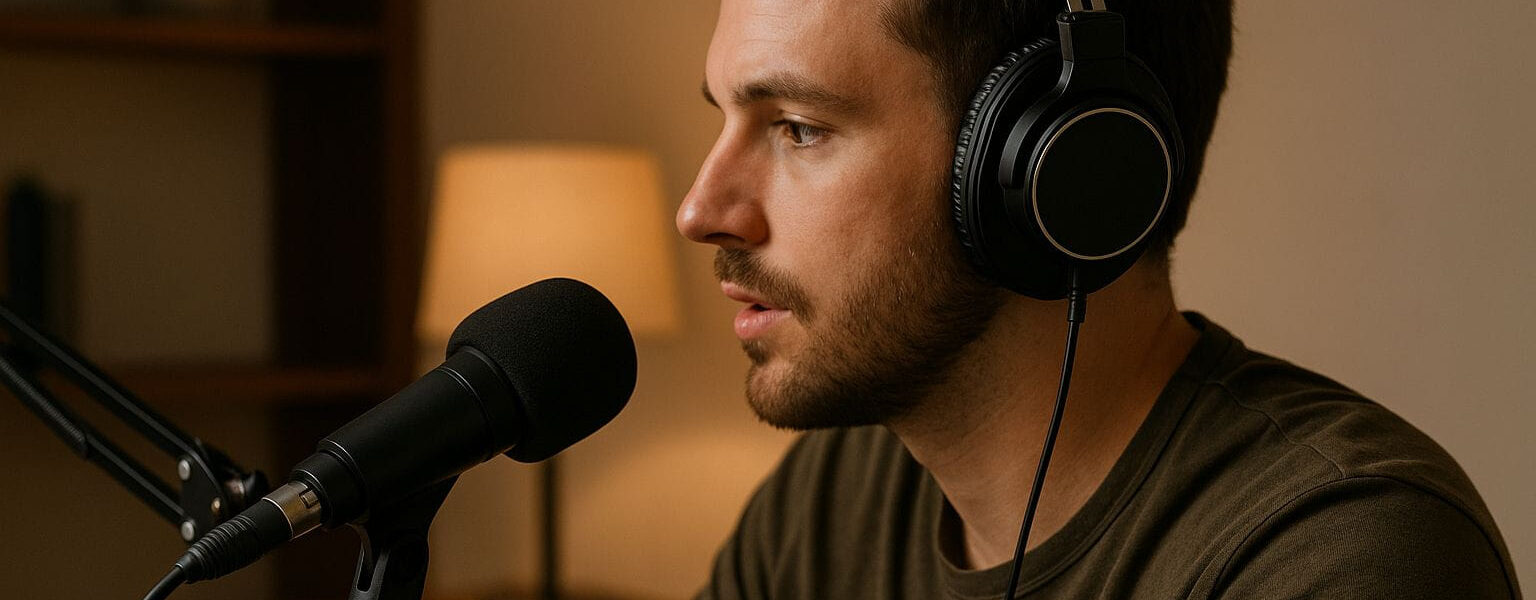 Kopfhörer für Podcast-Aufnahmen in einem Heimstudio mit Podcaster am Mikrofon