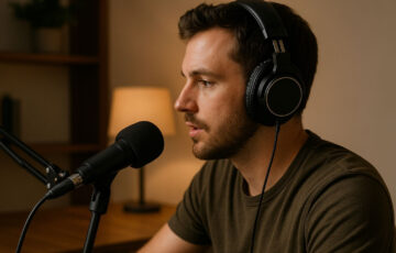 Kopfhörer für Podcast-Aufnahmen in einem Heimstudio mit Podcaster am Mikrofon