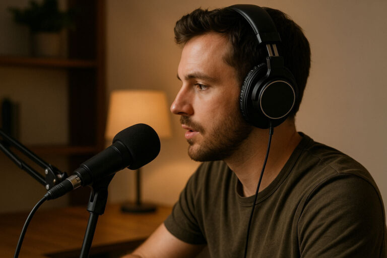 Kopfhörer für Podcast-Aufnahmen in einem Heimstudio mit Podcaster am Mikrofon