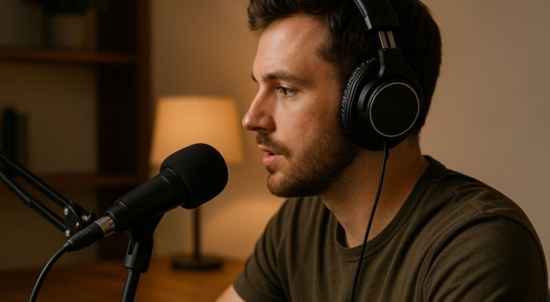 Kopfhörer für Podcast-Aufnahmen in einem Heimstudio mit Podcaster am Mikrofon