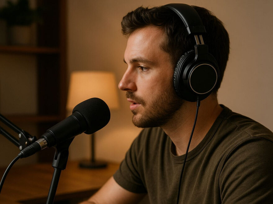 Kopfhörer für Podcast-Aufnahmen in einem Heimstudio mit Podcaster am Mikrofon