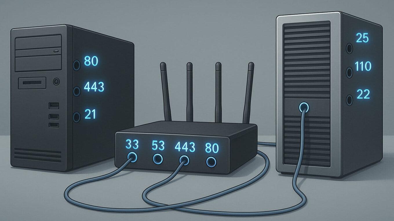 Visualisierung von Netzwerk-Ports zur Erklärung ihrer Rolle im Datenverkehr