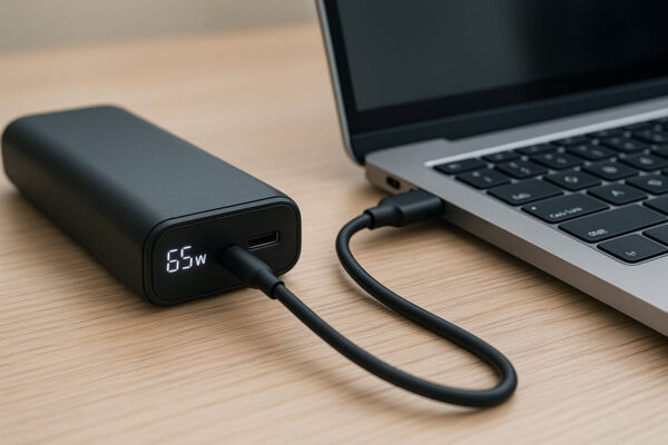 Laptop wird über USB-C Powerbank mit hoher Leistung geladen