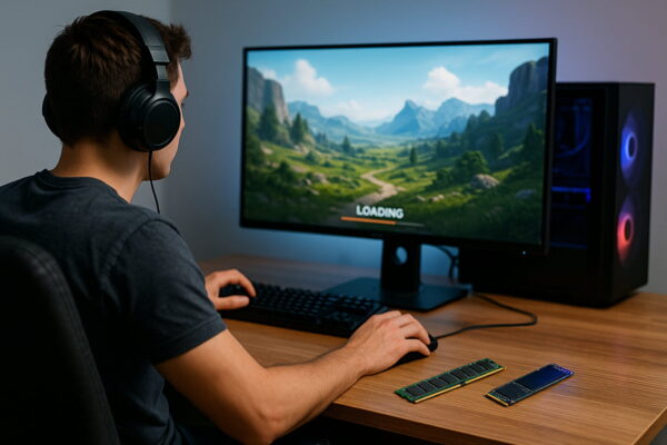 Gaming-Szene am PC mit RAM und SSD auf dem Tisch als Beispiel für ein kombiniertes Upgrade