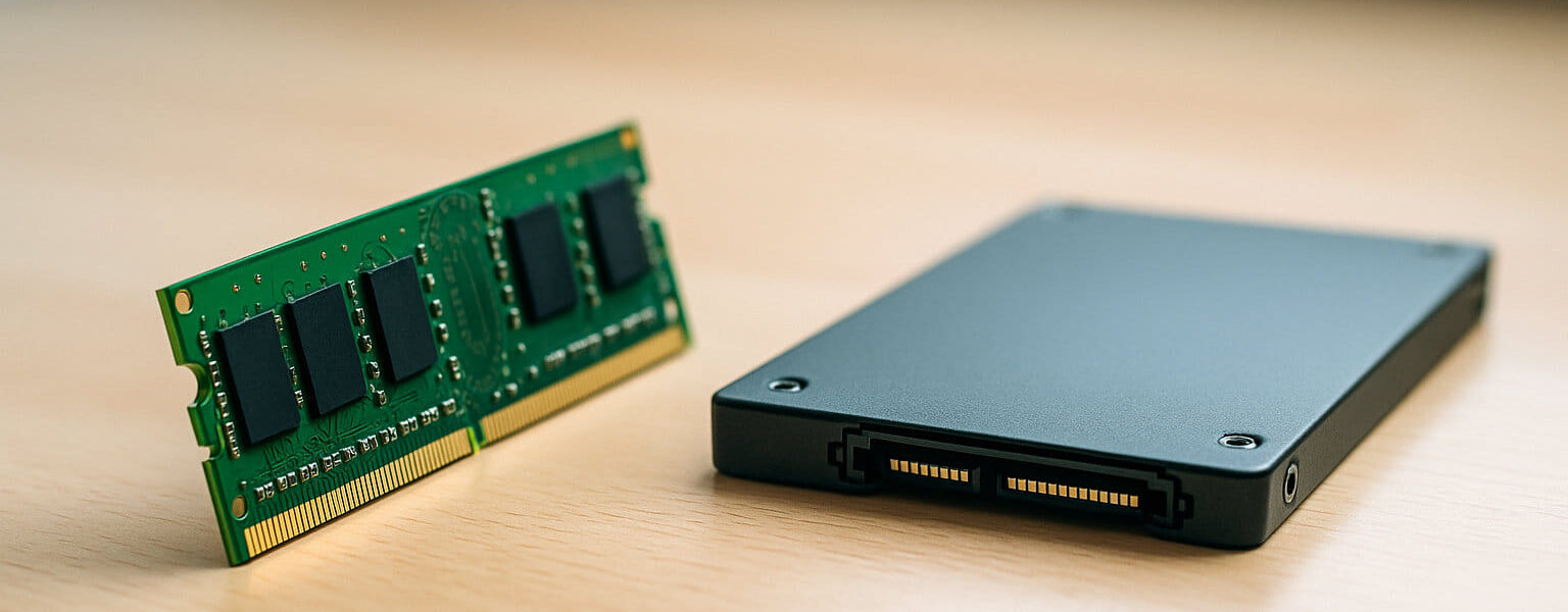 RAM-Riegel und SSD im direkten Vergleich auf einem Schreibtisch