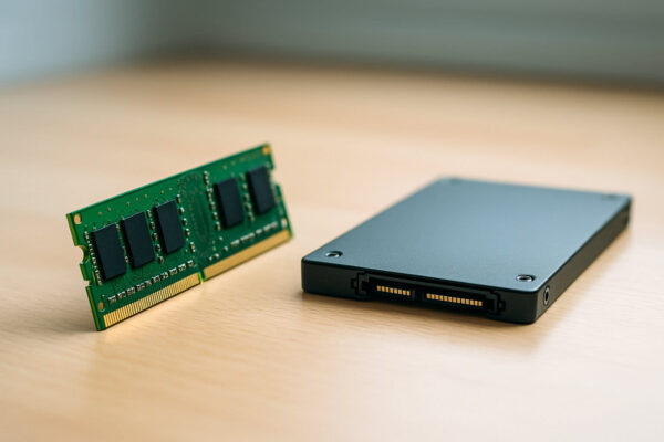 RAM-Riegel und SSD im direkten Vergleich auf einem Schreibtisch