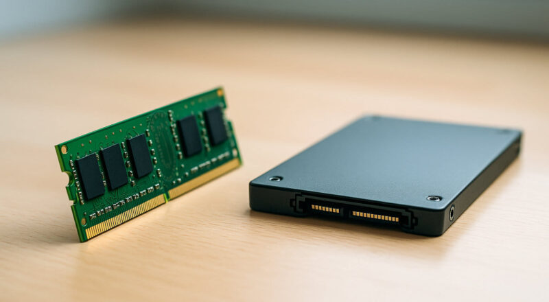 RAM-Riegel und SSD im direkten Vergleich auf einem Schreibtisch