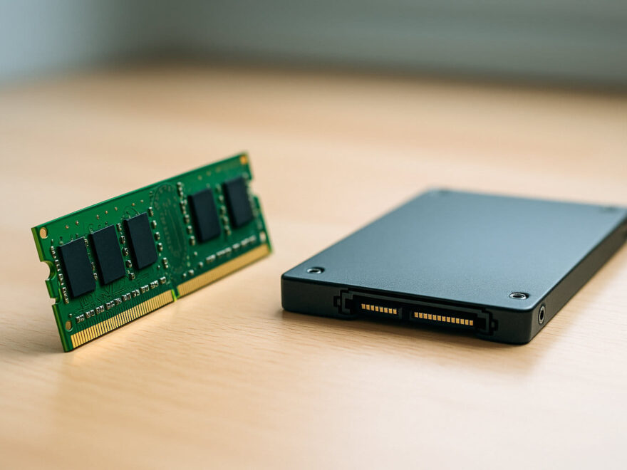 RAM-Riegel und SSD im direkten Vergleich auf einem Schreibtisch