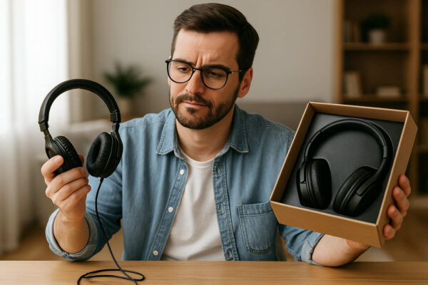 Reparaturkosten vs. Neukauf bei defekten Kopfhörern Vergleich zwischen alten defekten Kopfhörern und neuem Modell zur Einschätzung der Reparaturkosten