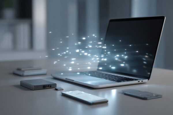 Symbolbild zu sicheren Löschverfahren mit Laptop und Datenträgern