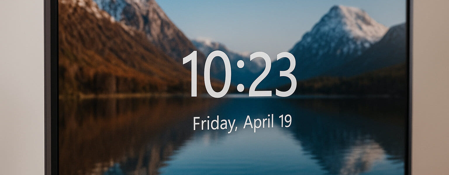 Sperrbildschirm eines Windows-PCs mit Uhrzeit und Datum auf dem Monitor