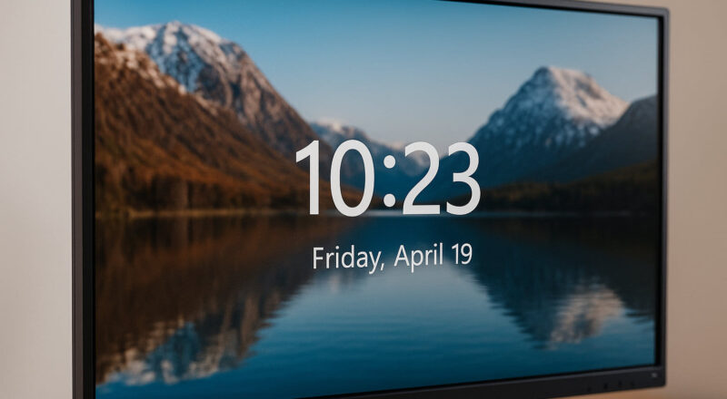 Sperrbildschirm eines Windows-PCs mit Uhrzeit und Datum auf dem Monitor