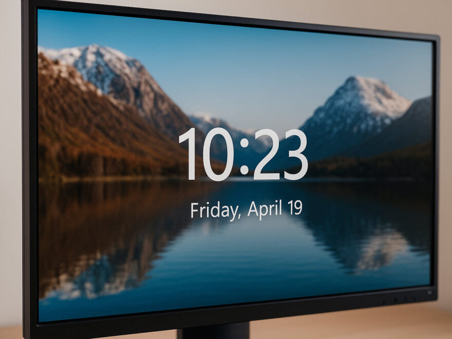 Sperrbildschirm eines Windows-PCs mit Uhrzeit und Datum auf dem Monitor