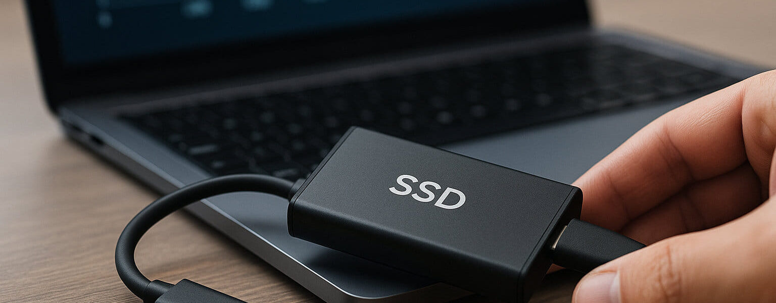 Externe NVMe-SSD mit Benchmark-Darstellung zur Veranschaulichung moderner Geschwindigkeitskennzahlen.
