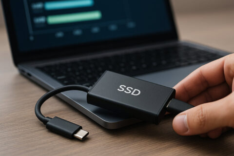 Externe NVMe-SSD mit Benchmark-Darstellung zur Veranschaulichung moderner Geschwindigkeitskennzahlen.