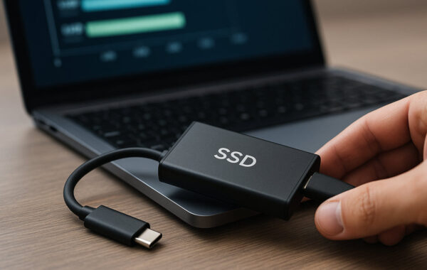 Externe NVMe-SSD mit Benchmark-Darstellung zur Veranschaulichung moderner Geschwindigkeitskennzahlen.