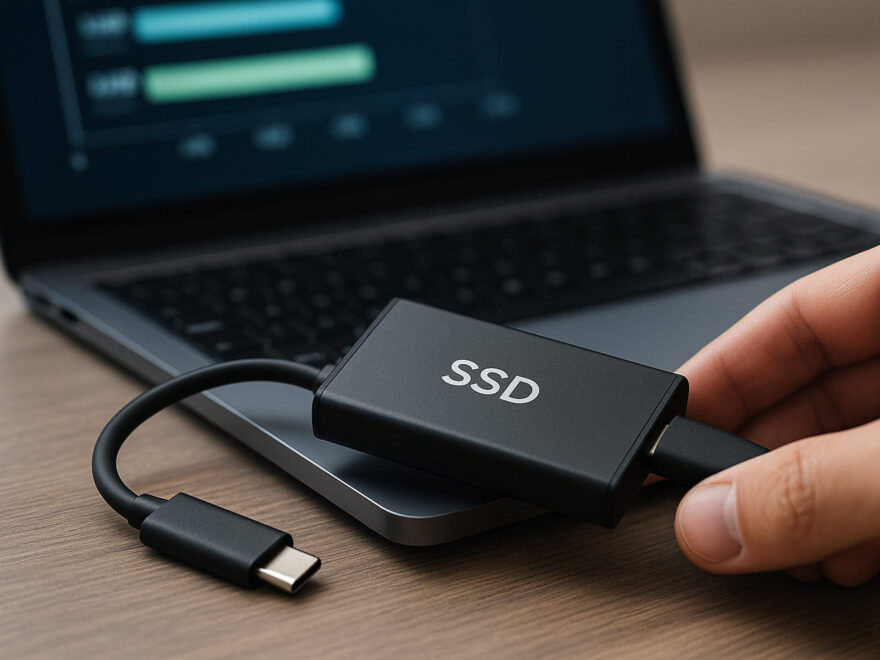 Externe NVMe-SSD mit Benchmark-Darstellung zur Veranschaulichung moderner Geschwindigkeitskennzahlen.