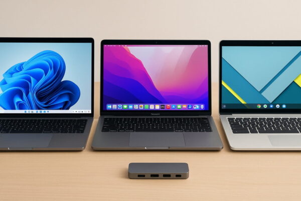 USB-C-Hub mit Windows-, macOS- und ChromeOS-Laptops als Kompatibilitätsbeispiel