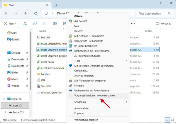Windows-Explorer mit geöffnetem Kontextmenü und Option Vorgängerversionen wiederherstellen