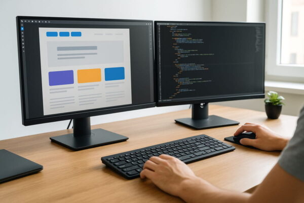 Monitore für Webdesign im Dual-Screen-Setup mit Layout und Vorschau