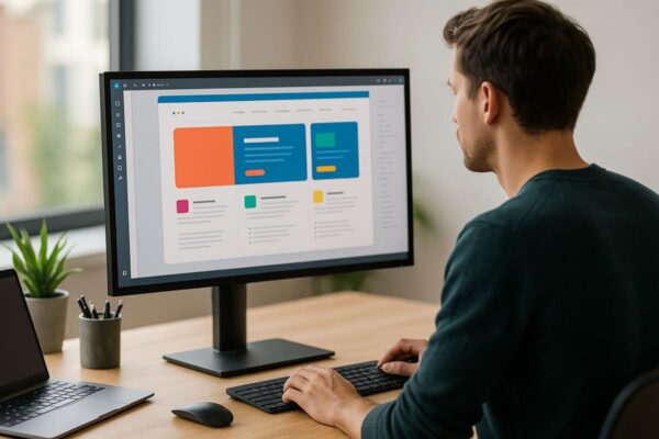 Modernes Arbeitsumfeld mit Monitoren für Webdesign und offenem Website-Layout