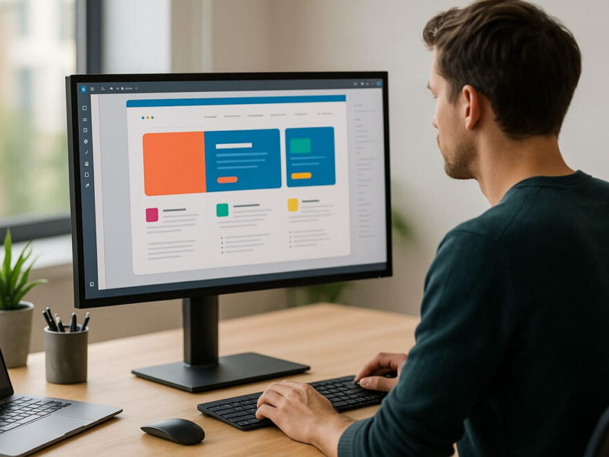 Modernes Arbeitsumfeld mit Monitoren für Webdesign und offenem Website-Layout