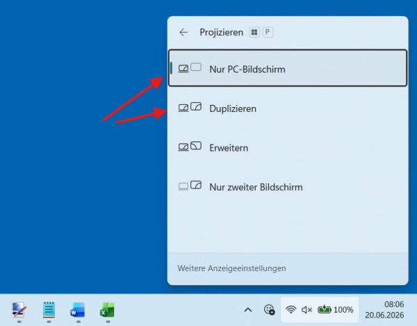 Kein Signal am Monitor: Windows-Projektionsmodus mit Nur PC-Bildschirm und Duplizieren auswählen