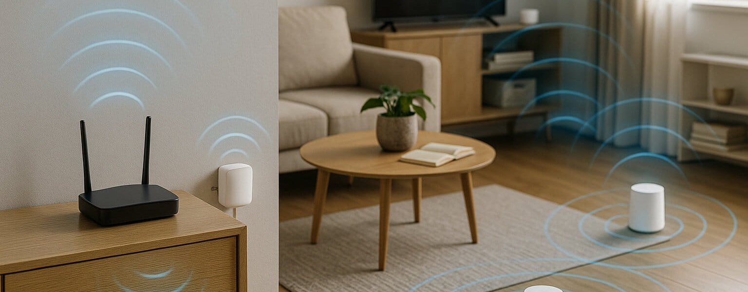 WLAN-Router mit Repeater und Mesh-System in einer Wohnung zur Veranschaulichung der Funktionsunterschiede.