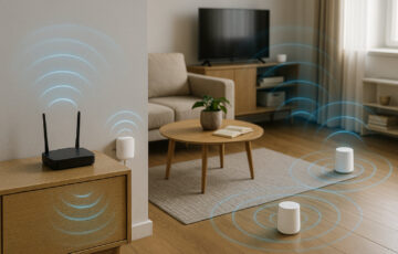 WLAN-Router mit Repeater und Mesh-System in einer Wohnung zur Veranschaulichung der Funktionsunterschiede.