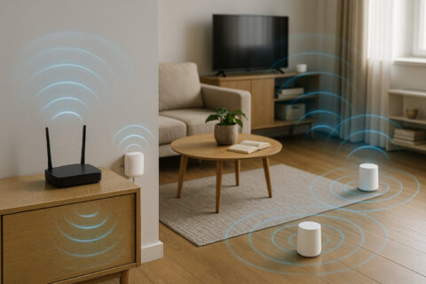 WLAN-Router mit Repeater und Mesh-System in einer Wohnung zur Veranschaulichung der Funktionsunterschiede.