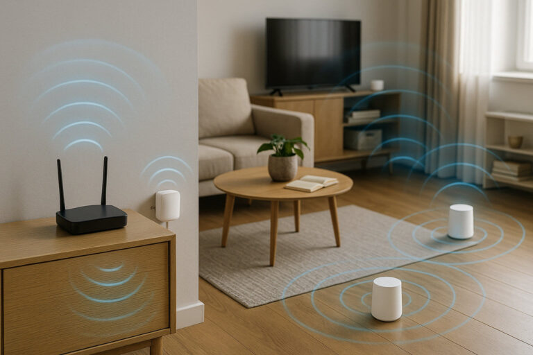 WLAN-Router mit Repeater und Mesh-System in einer Wohnung zur Veranschaulichung der Funktionsunterschiede.
