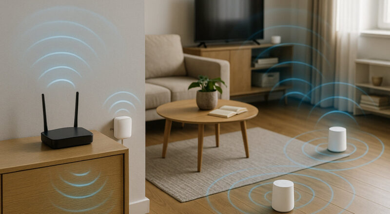 WLAN-Router mit Repeater und Mesh-System in einer Wohnung zur Veranschaulichung der Funktionsunterschiede.