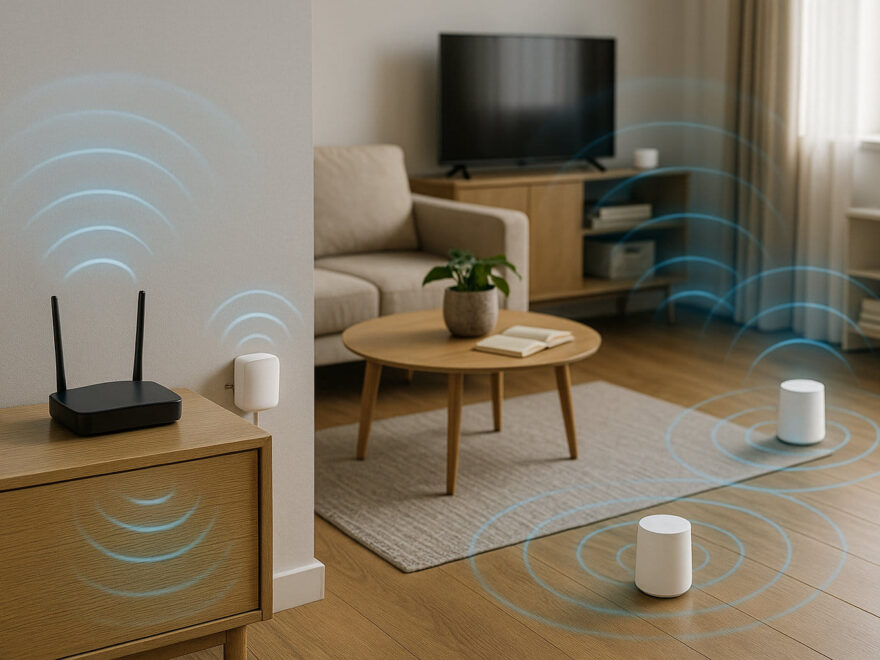 WLAN-Router mit Repeater und Mesh-System in einer Wohnung zur Veranschaulichung der Funktionsunterschiede.